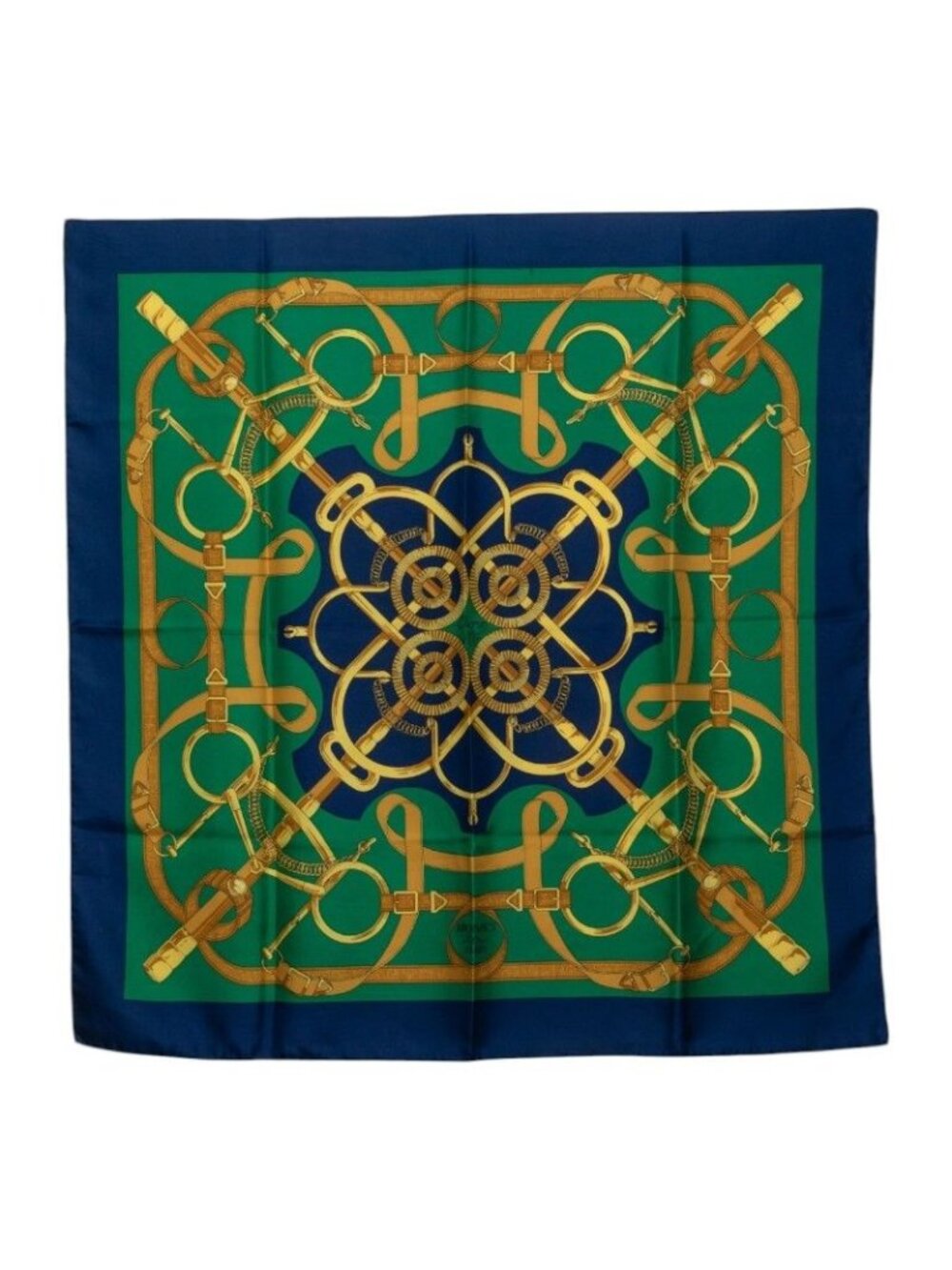 Hermes Carre 90 Eperon D'or Apron Scarf Large Green Multicolor Silk